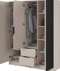 Zestawy Mebli Do Przedpokoju|Szafy Trzydrzwiowe>PIASKI owa pojemna szafa z lustrem i półkami 155 cm KELLY kaszmir