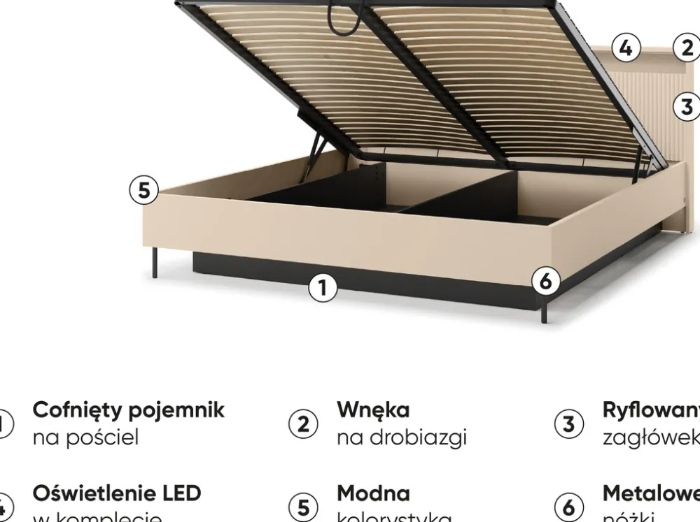 Łóżka Małżeńskie|Łóżka Ze Stelażem>lenart. Łóżko do sypialni 180x200 z pojemnikiem oświetlenie LED beżowe TREND