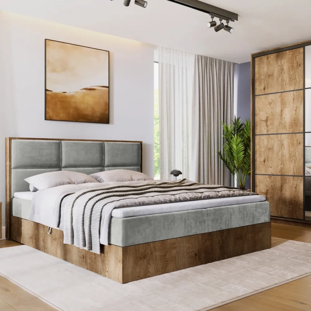 Łóżka Małżeńskie|Łóżka Ze Stelażem>BROMARKT Łóżko kontynentalne do sypialni z tapicerowanym zagłówkiem 180x200 cm LOFT dąb lefkas