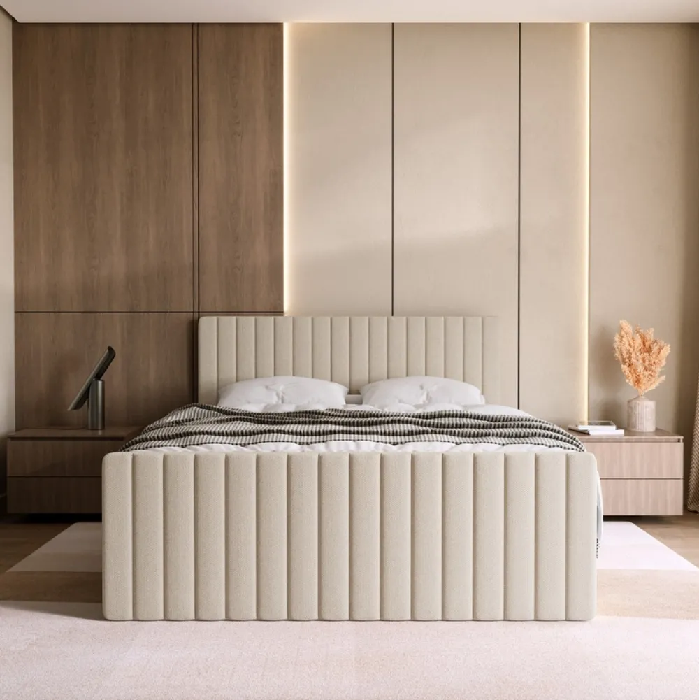 Łóżka Małżeńskie|Łóżka Ze Stelażem>BROMARKT Łóżko kontynentalne 160x200 cm z pojemnikiem na pościel DREAM DUO beż