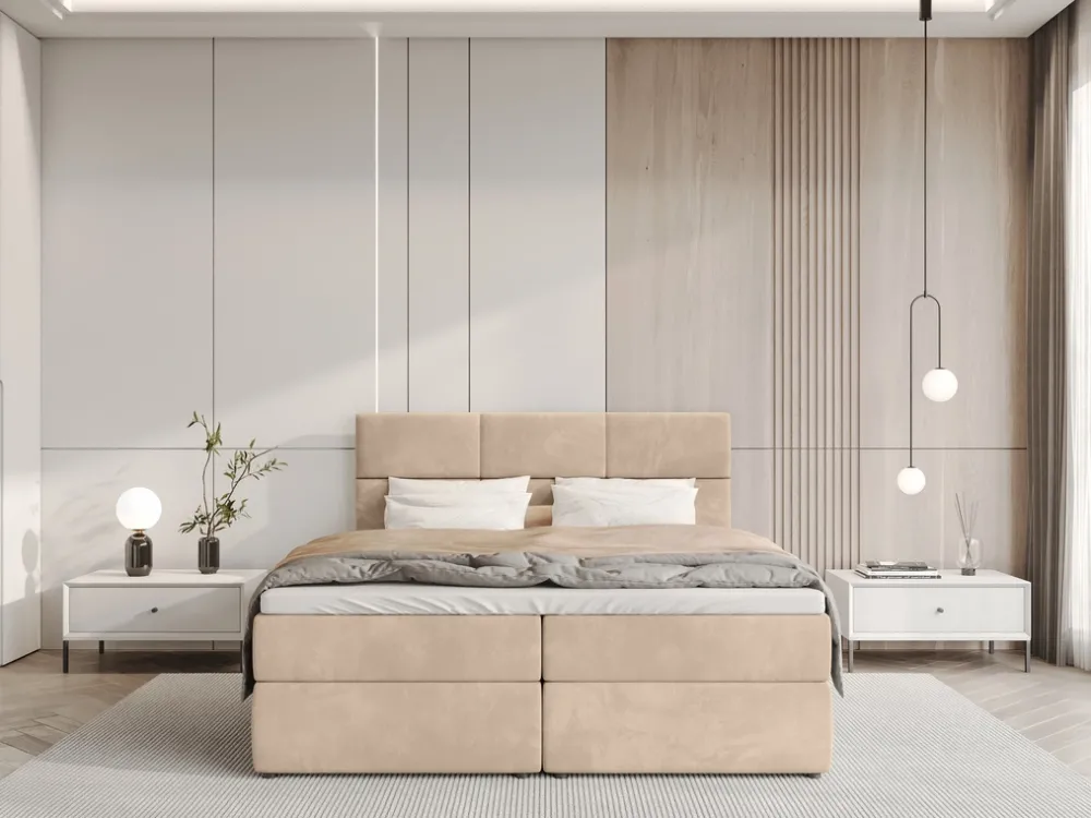 Łóżka Małżeńskie|Łóżka Ze Stelażem>BROMARKT Łóżko kontynentalne 160x200 cm z pojemnikiem na pościel BOSTON beż