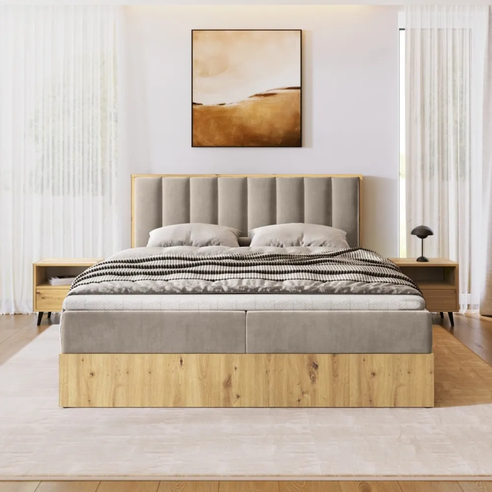 Łóżka Małżeńskie|Łóżka Ze Stelażem>BROMARKT Łóżko kontynentalne 160x200 do sypialni LOFT II z pojemnikiem dąb artisan