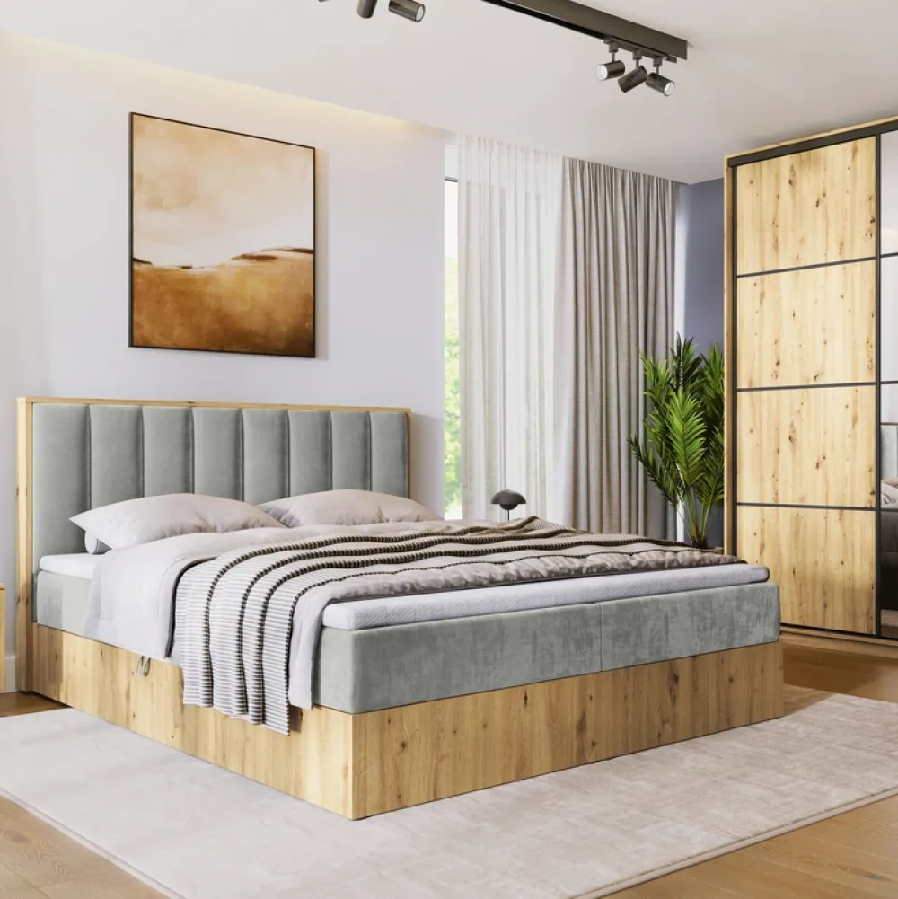 Łóżka Małżeńskie|Łóżka Ze Stelażem>BROMARKT Łóżko kontynentalne 160x200 do sypialni LOFT II z pojemnikiem dąb artisan
