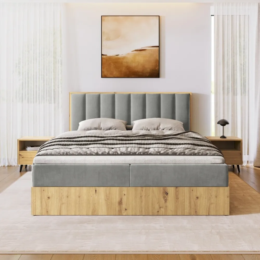 Łóżka Małżeńskie|Łóżka Ze Stelażem>BROMARKT Łóżko kontynentalne 160x200 do sypialni LOFT II z pojemnikiem dąb artisan