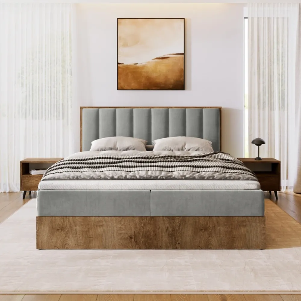 Łóżka Małżeńskie|Łóżka Ze Stelażem>BROMARKT Łóżko kontynentalne 180x200 do sypialni LOFT II z pojemnikiem dąb lefkas