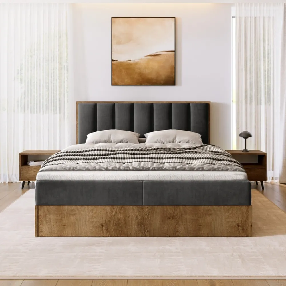 Łóżka Małżeńskie|Łóżka Ze Stelażem>BROMARKT Łóżko kontynentalne 180x200 do sypialni LOFT II z pojemnikiem dąb lefkas