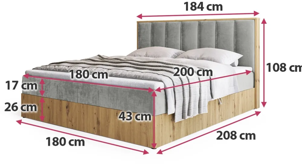 Łóżka Małżeńskie|Łóżka Ze Stelażem>BROMARKT Łóżko kontynentalne 180x200 do sypialni LOFT II z pojemnikiem dąb lefkas