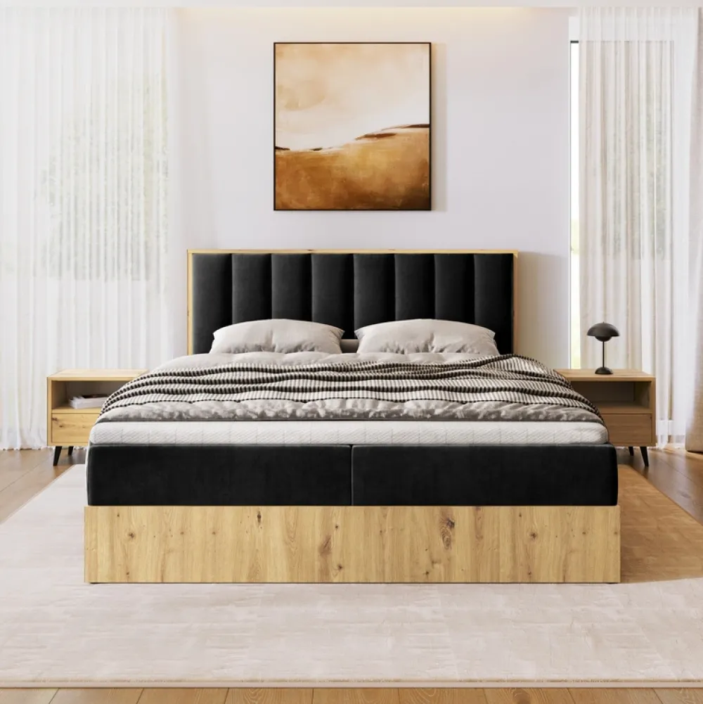 Łóżka Małżeńskie|Łóżka Ze Stelażem>BROMARKT Łóżko kontynentalne 180x200 do sypialni LOFT II z pojemnikiem dąb artisan
