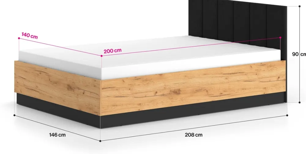 Łóżka Małżeńskie|Łóżka Ze Stelażem>ML Meble Łóżko młodzieżowe 140x200 cm ze stelażem flex i pojemnikiem dąb złoty craft UMIO