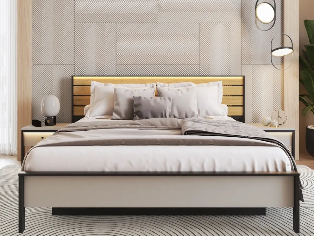 Łóżka Małżeńskie|Łóżka Ze Stelażem>lenart. Łóżko sypialniane 180x200 cm z pojemnikiem i podświetleniem LED GRIS