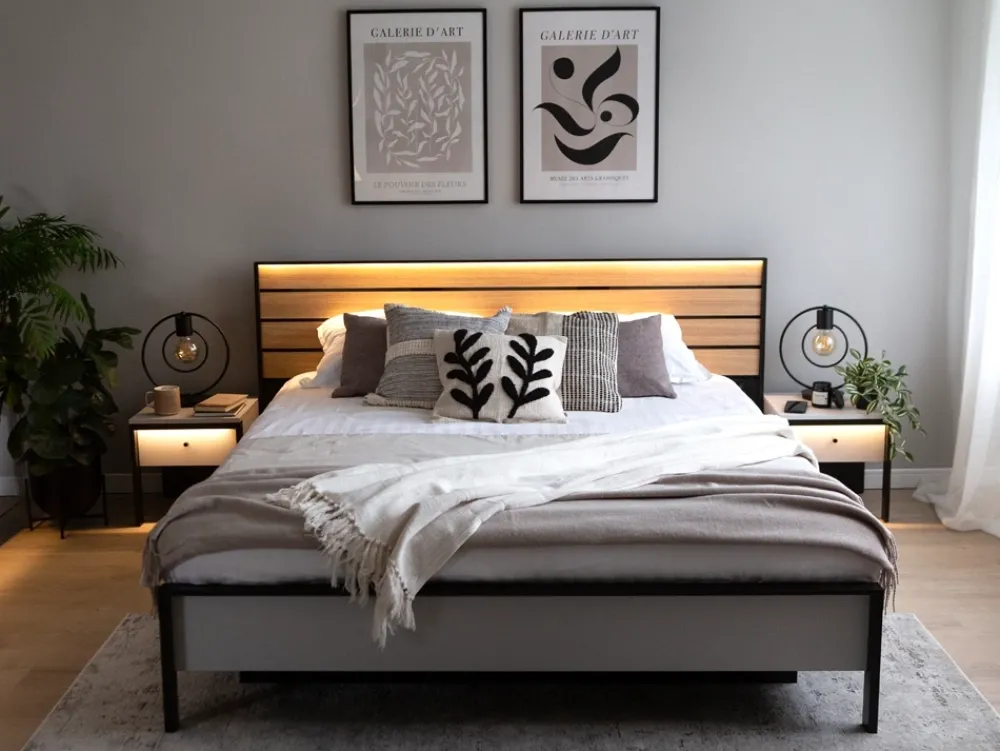 Łóżka Małżeńskie|Łóżka Ze Stelażem>lenart. Łóżko sypialniane 180x200 cm z pojemnikiem i podświetleniem LED GRIS