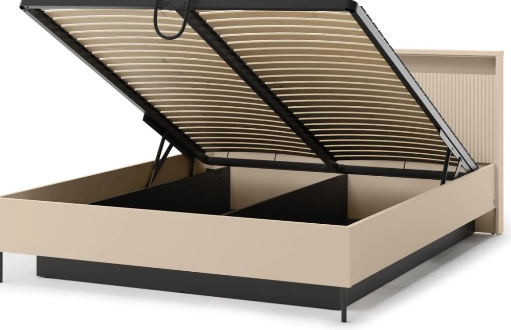 Łóżka Małżeńskie|Łóżka Ze Stelażem>lenart. Łóżko 160x200 cm do sypialni z pojemnikiem oświetlenie LED beżowe TREND