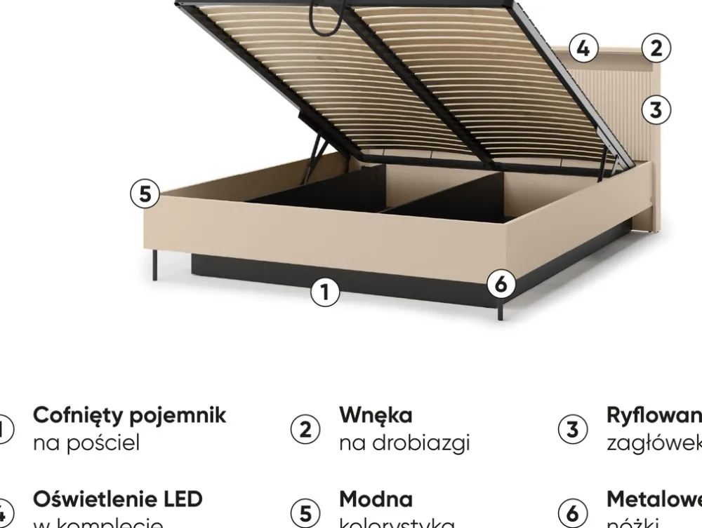Łóżka Małżeńskie|Łóżka Ze Stelażem>lenart. Łóżko 160x200 cm do sypialni z pojemnikiem oświetlenie LED beżowe TREND