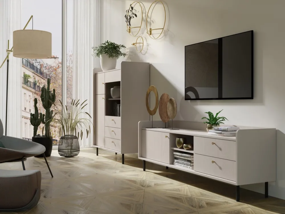 Zestawy Mebli Do Salonu|Witryny>MEBLAR Komoda 100 cm do salonu z witryną GAVIA beż piaskowy