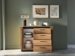 Komody>ML Meble Komoda do salonu 115 cm dąb craft złoty z półką i szufladami UMIO