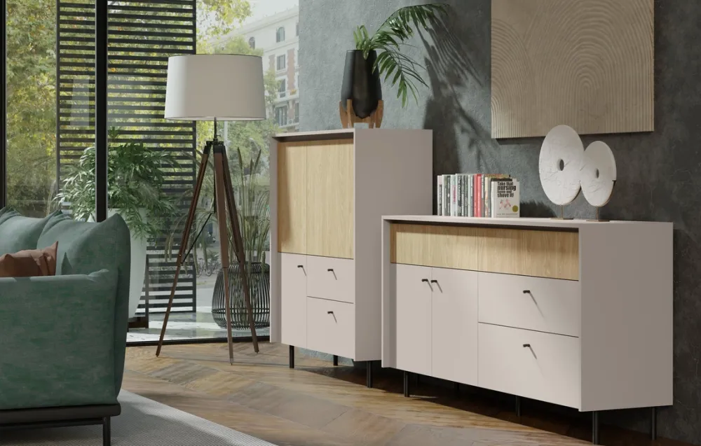 Komody>MEBLAR Komoda do salonu 163 cm z szufladami i półkami beż piaskowy MALIVO