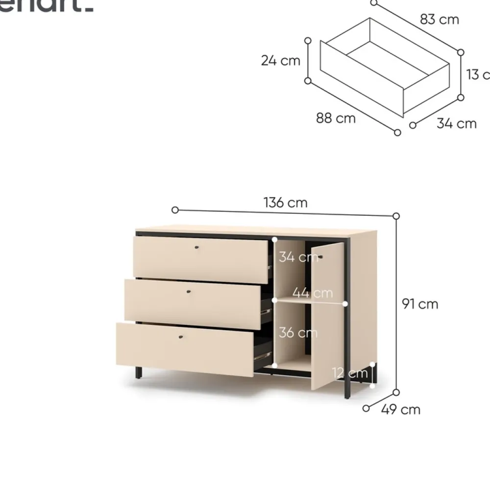 Zestawy Mebli Do Sypialni|Komody>lenart. Komoda do sypialni 136 cm z szufladami oświetlenie LED beżowa ENNA