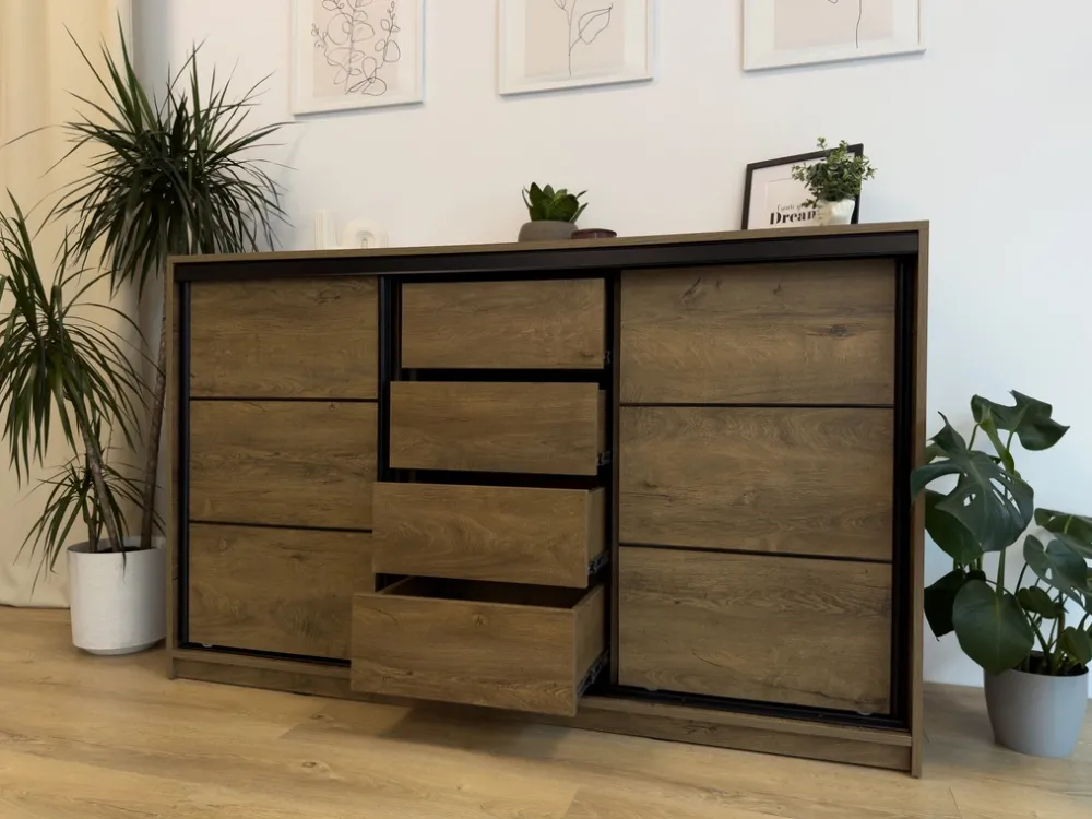 Komody>BROMARKT Komoda do sypialni 180 cm z drążkiem i szufladami LOFT dąb wotan