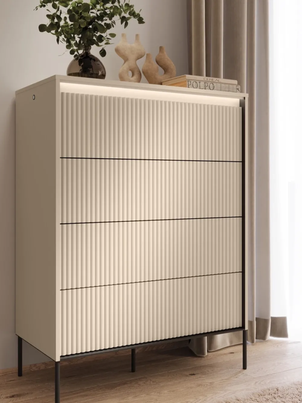 Zestawy Mebli Do Salonu>lenart. Komoda do sypialni salonu 93 cm z oświetleniem i szufladami beżowa TREND