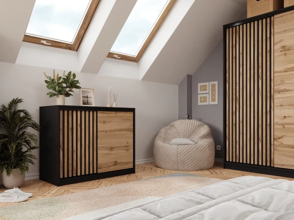 Komody>BROMARKT Komoda przesuwna 120 cm z lamelami i drążkiem do sypialni LOFT