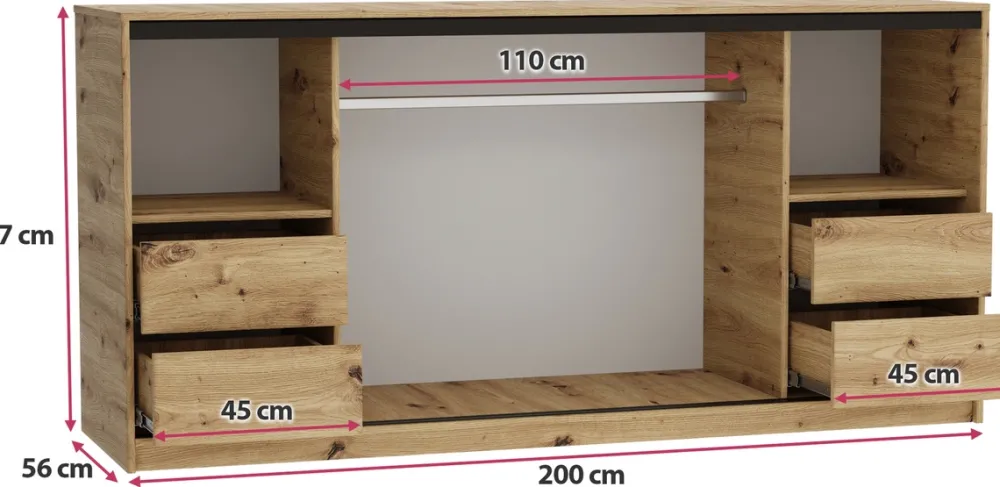 Komody>BROMARKT Komoda przesuwna z drążkiem i szufladami 200 cm LOFT dąb artisan
