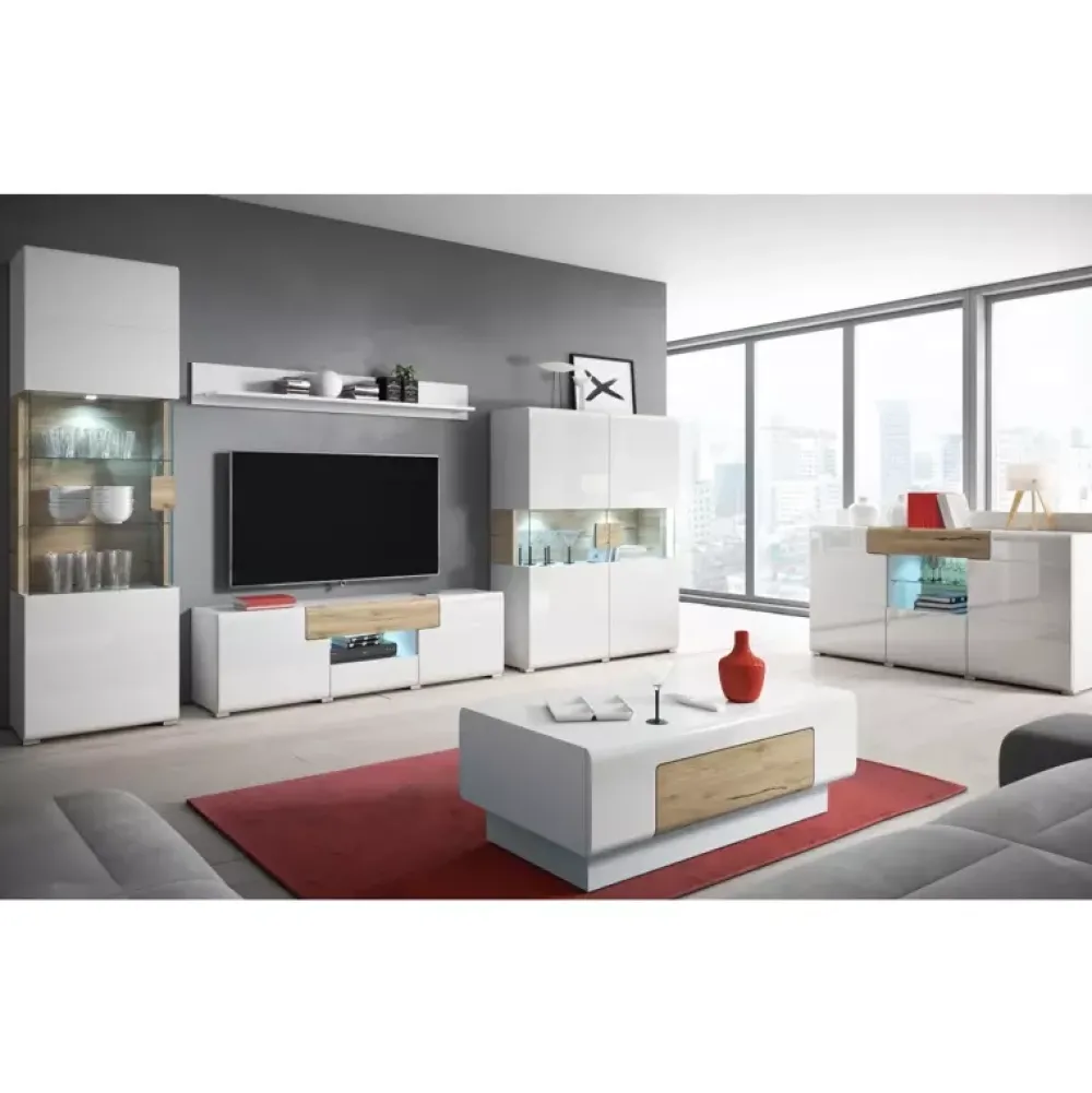 Zestawy Mebli Do Salonu|Komody>Helvetia Komoda z barkiem TENDER biały połysk ze wstawkami