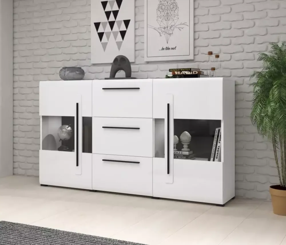 Zestawy Mebli Do Salonu|Komody>Helvetia Komoda ze szklanymi drzwiczkami połysk TELOS biały