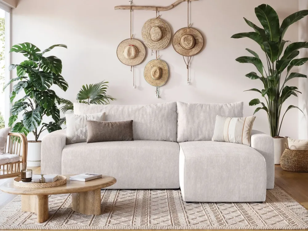 Meble Dla Dzieci|Meble Młodzieżowe>BROMARKT Kremowa rogówka sztruksowa z funkcją spania i pojemnikiem PLUSH L