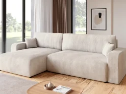 Narożniki>BROMARKT Kremowy narożnik sztruksowy z funkcją spania do salonu PUMI XL