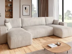 Narożniki>BROMARKT Kremowy narożnik sztruksowy z funkcją spania do salonu PUMI U