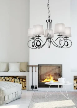 Oświetlenie Jadalni|Oświetlenie Sypialni>Candellux Lighting Lampa wisząca chromowa biały abażur tkany 5x40W Arnika