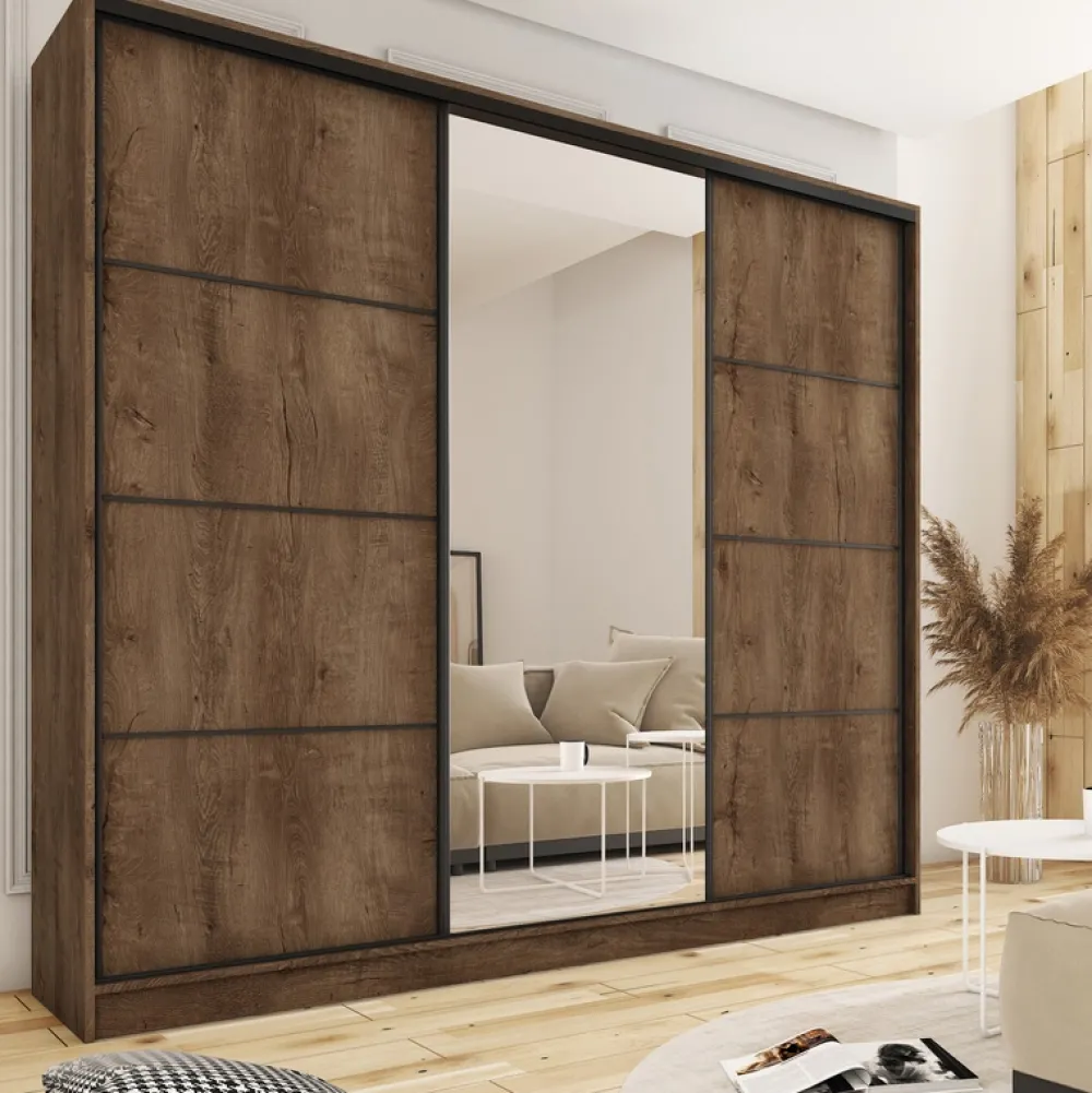 Zestawy Mebli Do Przedpokoju|Szafy Trzydrzwiowe>BROMARKT Loftowa duża szafa przesuwna z lustrem 280 cm LOFT MAX dąb lefkas