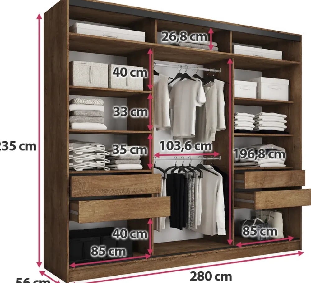 Zestawy Mebli Do Przedpokoju|Szafy Trzydrzwiowe>BROMARKT Loftowa duża szafa przesuwna z lustrem 280 cm LOFT MAX dąb lefkas