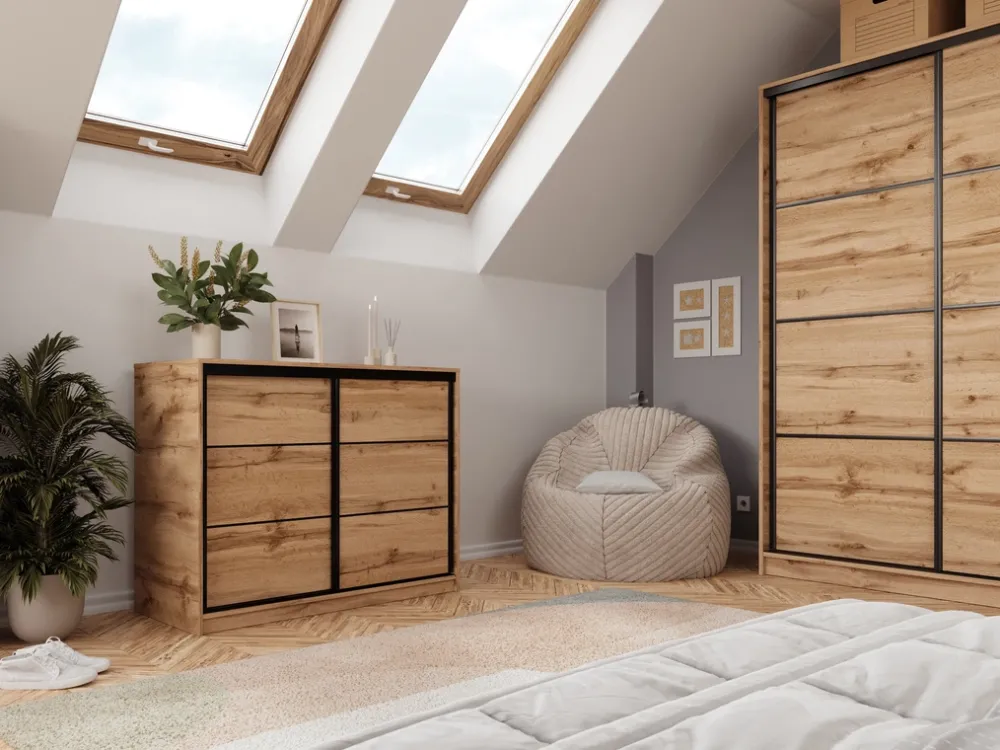 Komody>BROMARKT Loftowa komoda przesuwna z szufladami do sypialni 120 cm LOFT dąb wotan