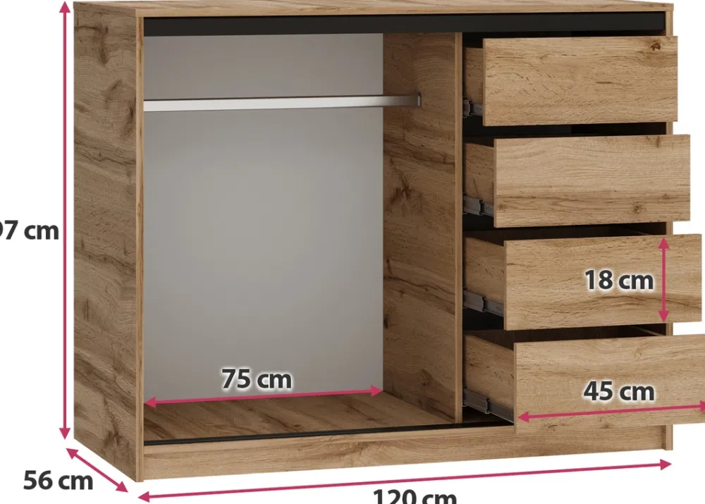 Komody>BROMARKT Loftowa komoda przesuwna z szufladami do sypialni 120 cm LOFT dąb wotan