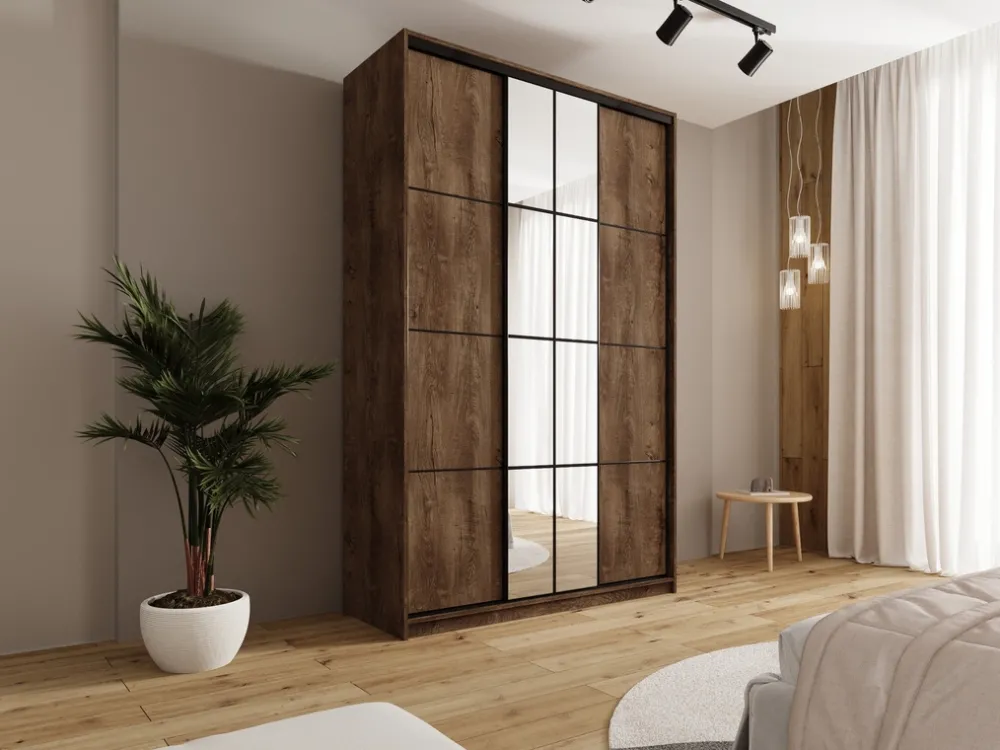 Szafy Trzydrzwiowe|Szafy Do Przedpokoju>BROMARKT Loftowa szafa przesuwna z lustrem i szufladami 150 cm EDGE MAX dąb lefkas