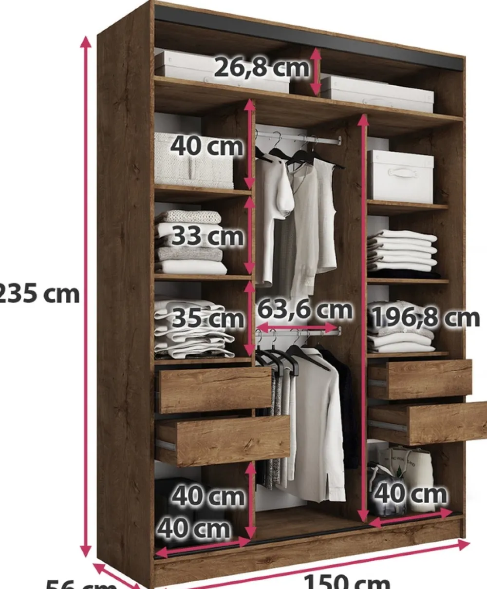 Szafy Trzydrzwiowe|Szafy Do Przedpokoju>BROMARKT Loftowa szafa przesuwna z lustrem i szufladami 150 cm EDGE MAX dąb lefkas