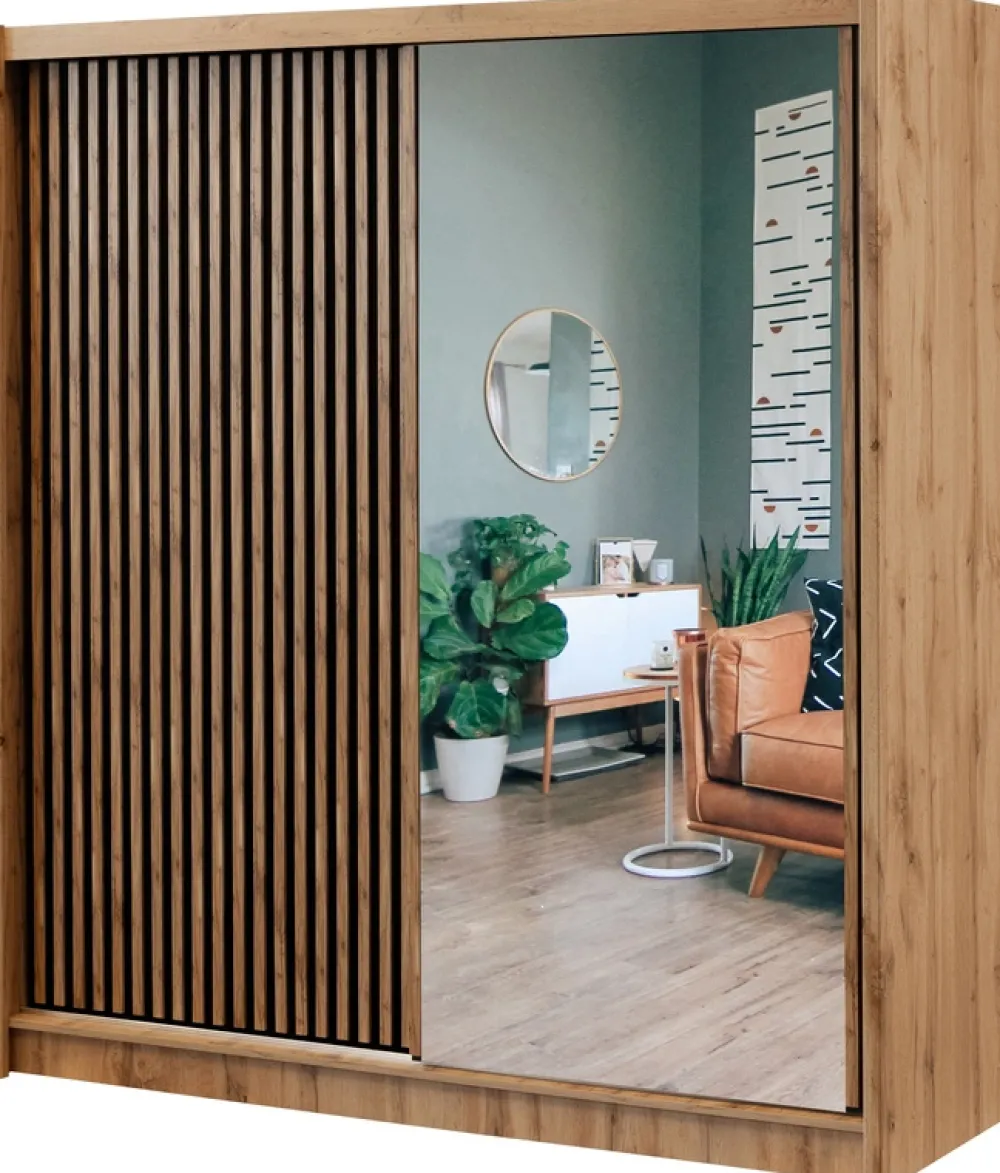 Szafy Dwudrzwiowe|Szafy Do Przedpokoju>Stolar Loftowa szafa przesuwna z lustrem i lamelami 203 cm LANDO