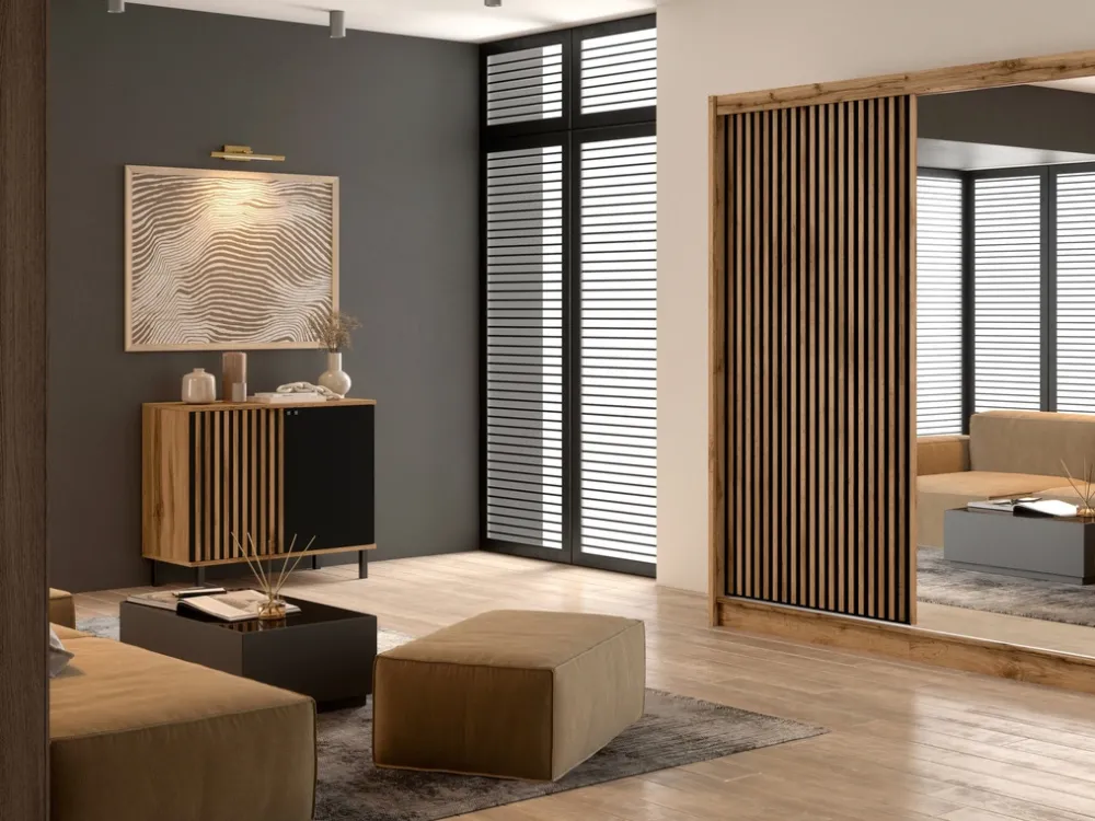 Szafy Dwudrzwiowe|Szafy Do Przedpokoju>Stolar Loftowa szafa przesuwna z lustrem i lamelami 203 cm LANDO