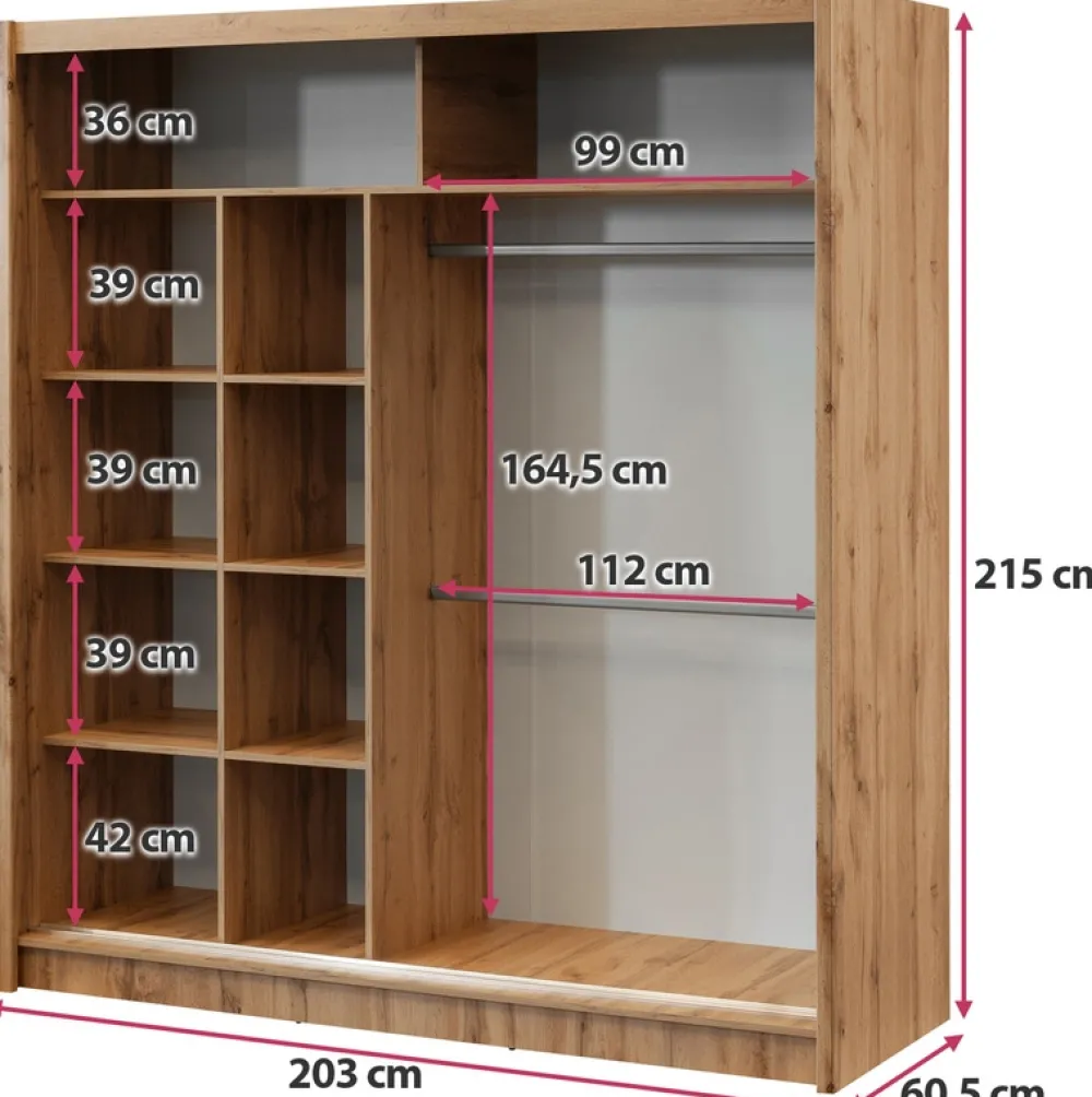 Szafy Dwudrzwiowe|Szafy Do Przedpokoju>Stolar Loftowa szafa przesuwna z lustrem i lamelami 203 cm LANDO