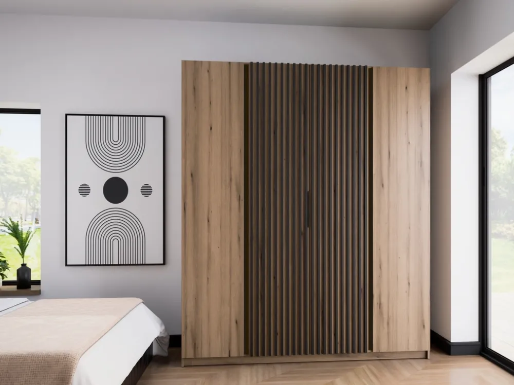 Szafy Młodzieżowe|Szafy Otwierane>Lempert Loftowa szafa z lamelami do sypialni 200 cm KARAT dąb evoke