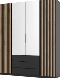 Szafy Młodzieżowe|Szafy Otwierane>Lempert Loftowa szafa z lustrem i szufladami 200 cm KARAT lamele czarny