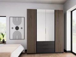 Szafy Młodzieżowe|Szafy Otwierane></noscript>Lempert Loftowa szafa z lustrem i szufladami 200 cm KARAT lamele czarny