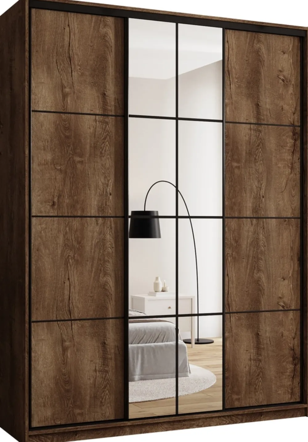 Zestawy Mebli Do Przedpokoju|Szafy Trzydrzwiowe>BROMARKT Loftowa wysoka szafa przesuwna z lustrem 180 cm EDGE MAX dąb lefkas