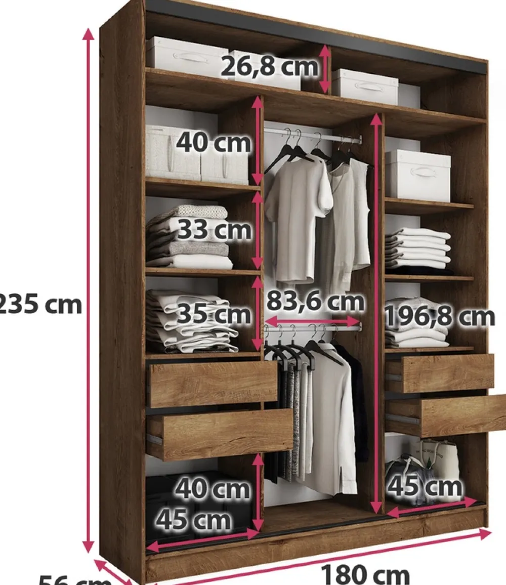 Zestawy Mebli Do Przedpokoju|Szafy Trzydrzwiowe>BROMARKT Loftowa wysoka szafa przesuwna z lustrem 180 cm EDGE MAX dąb lefkas