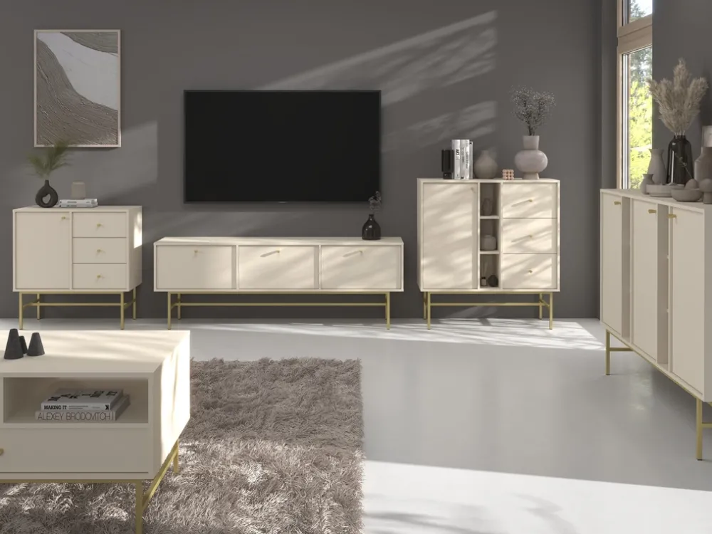 Komody>Lempert Mała beżowa komoda dwudrzwiowa do salonu 84 cm TOKEN beż piaskowy