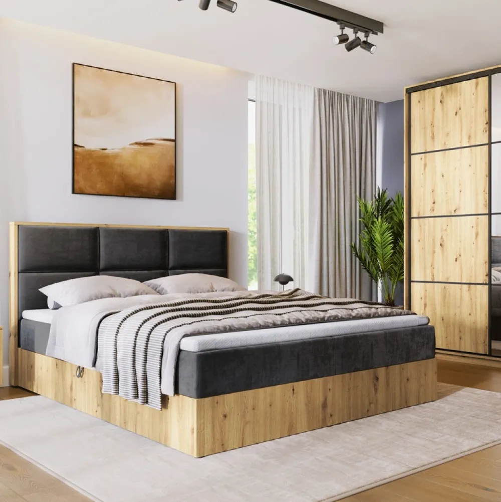 Meble Młodzieżowe|Łóżka Młodzieżowe>BROMARKT Małżeńskie łózko kontynentalne 140x200 cm do sypialni LOFT dąb artisan