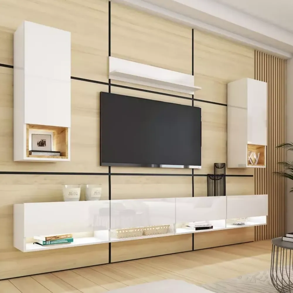 Zestawy Mebli Do Salonu|Meblościanki>BROMARKT Meblościanka biała połysk PREMIUM biały