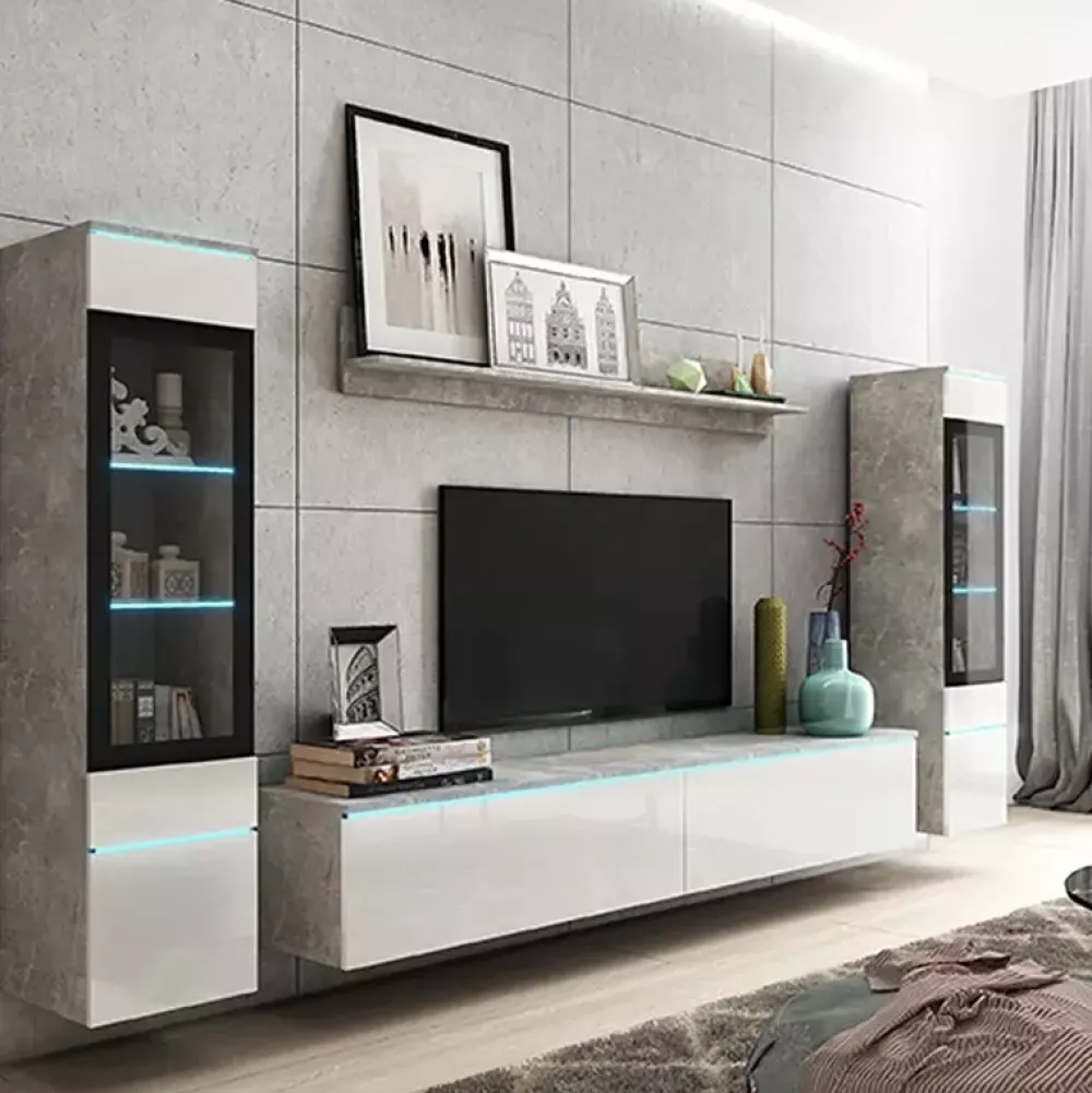 Meblościanki>BRATEX Meblościanka biały połysk beton VELLORE XL