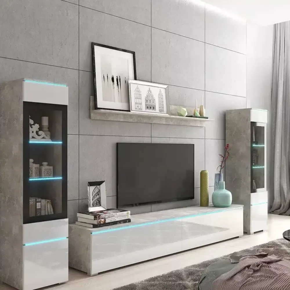 Meblościanki>BRATEX Meblościanka biały połysk beton VELLORE XL